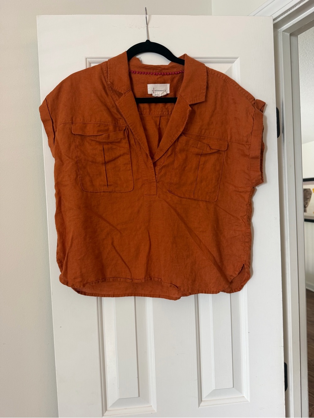 Anthropologie Burnt Orange Linen-Blend V-Neck Utility Top